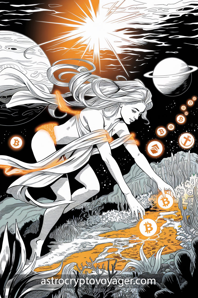 Comic-style illustration in black and white with orange accents: A serene Pisces woman planting glowing Bitcoin coins in a lush underwater garden, with Jupiter and Neptune shining brightly above and holographic altcoin symbols drifting in the background.